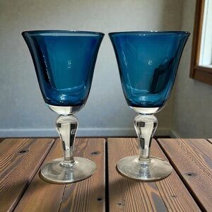 Set of 2 ARTLAND Water Goblets Blue With Clear Stem 8” Discontinued